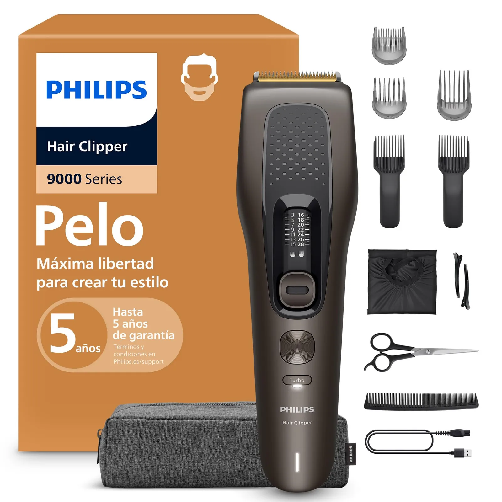 Cortapelos Philips Serie 9000 con 28 posiciones y cuchillas de titanio