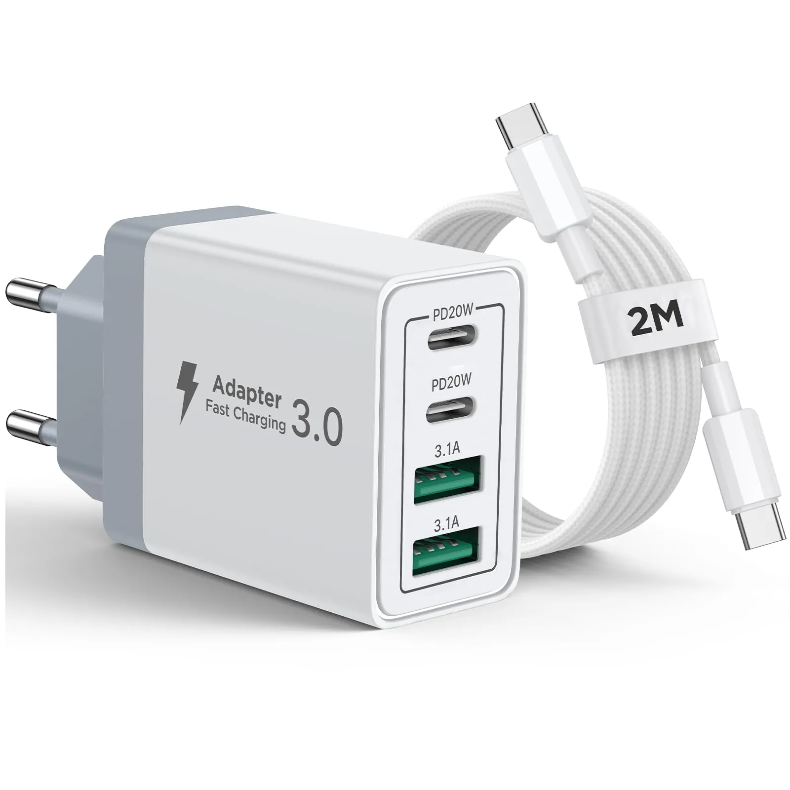 Cargador USB C 40W con Cable 2M para iPhone y Samsung