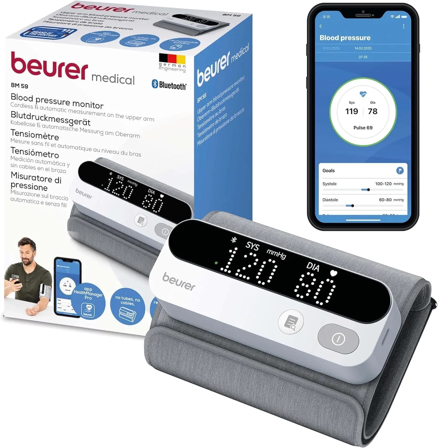 Tensiómetro Beurer BM 59 brazo, sin tubos ni cables, indicador LED, detección arritmias, brazalete 22-42cm, con app