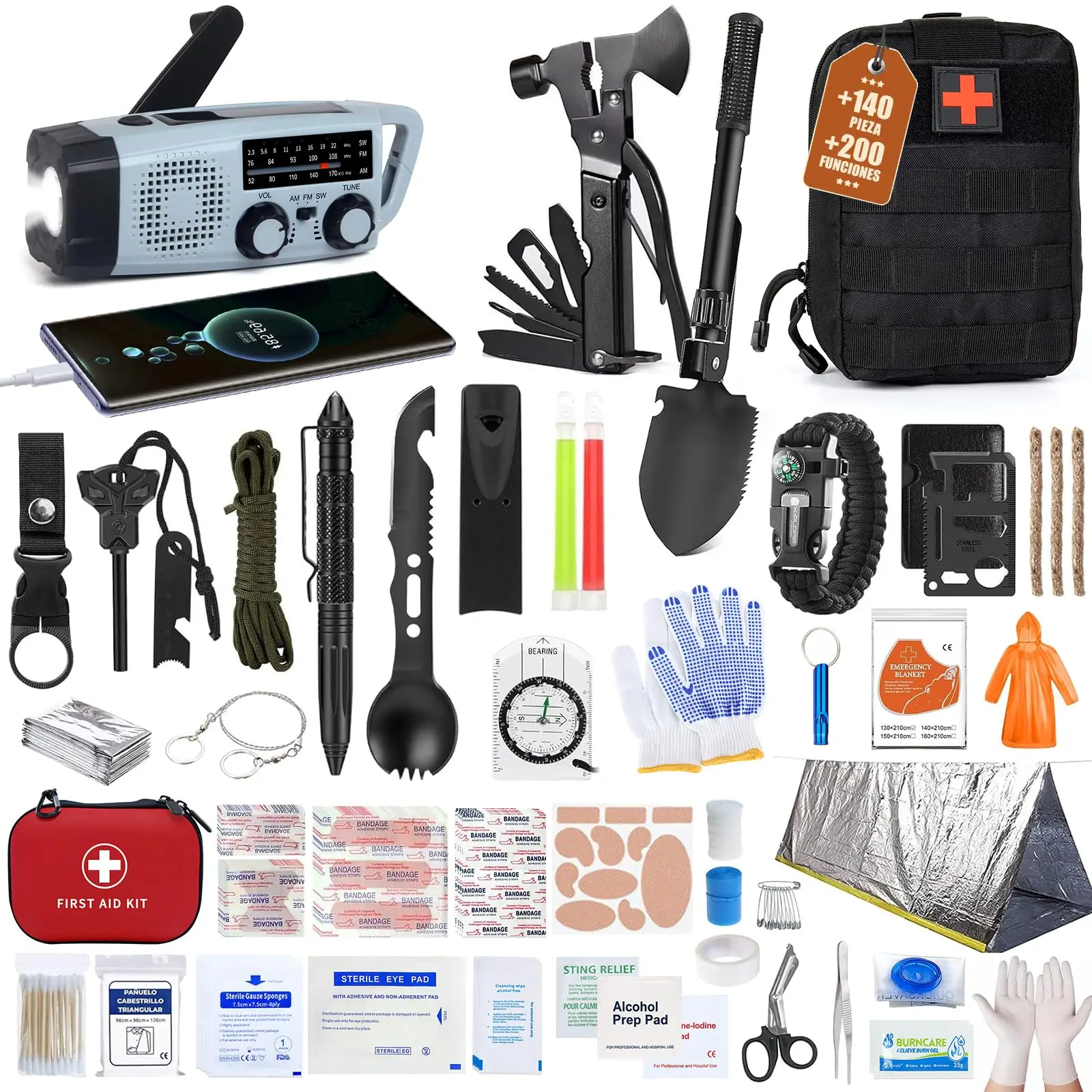 Kit de Supervivencia Gemmac de 140 Piezas con Radio y Botiquín