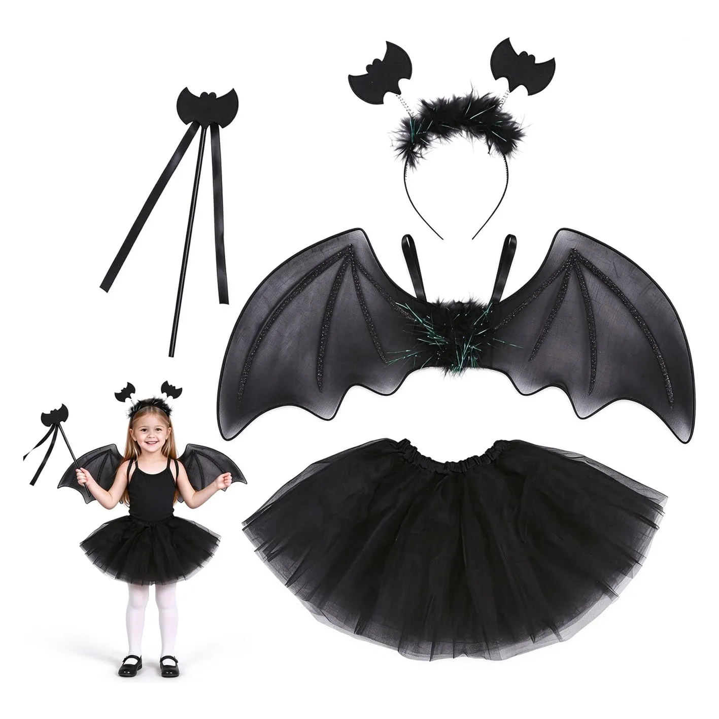 Disfraz Halloween murciélago infantil con diadema y varita