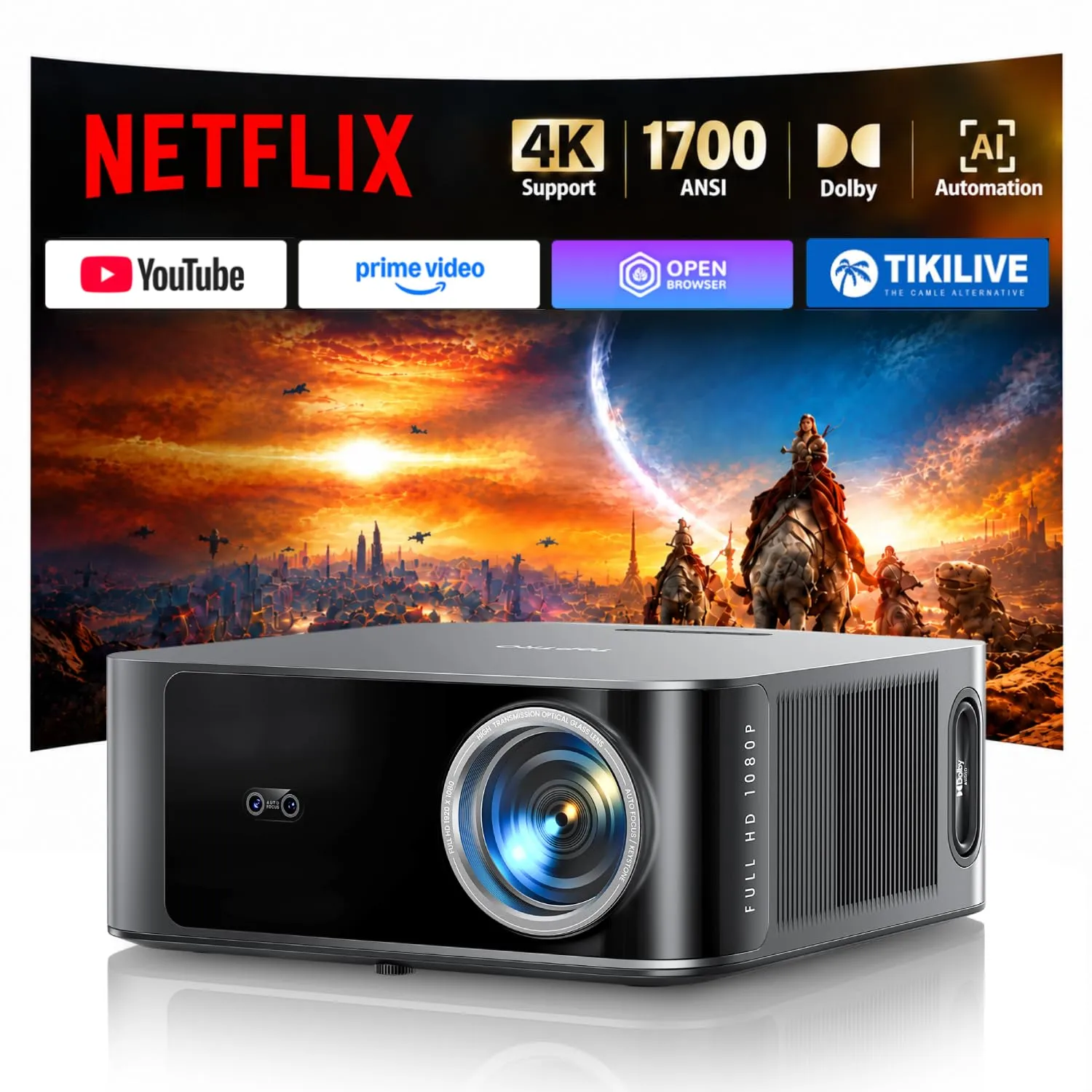 Proyector 4K 1700 ANSI Lumens con Dolby Audio y Smart TV Integrada